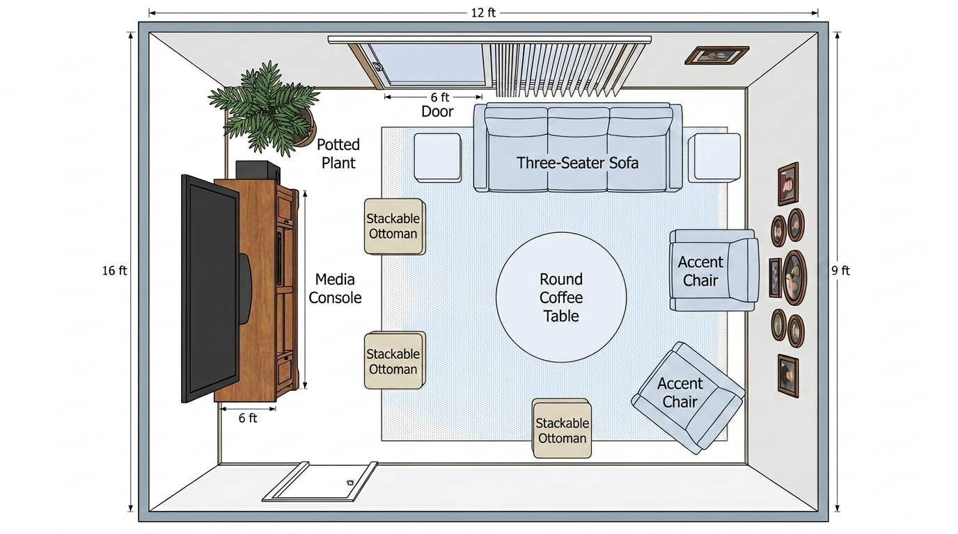 Top-down blueprint of a real room, drawn to scale