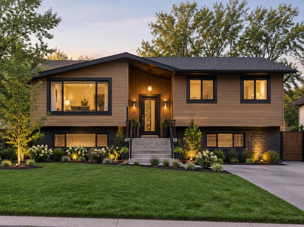 Ranch and split level design idea for: What would a 1970s split level remodel look like if I only touched the outside?