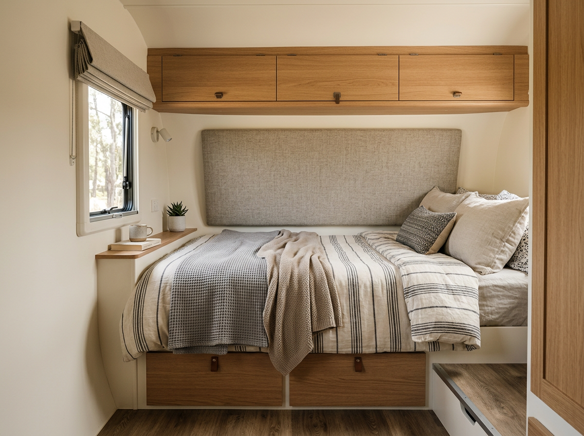 Camper Interior design idea for: Can I add a headboard without losing storage?