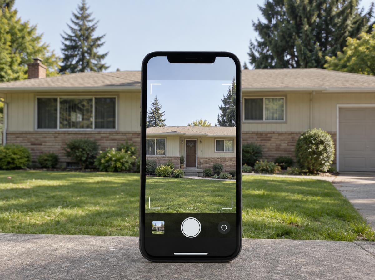 A ranch exterior framed in the Framehouse app camera view