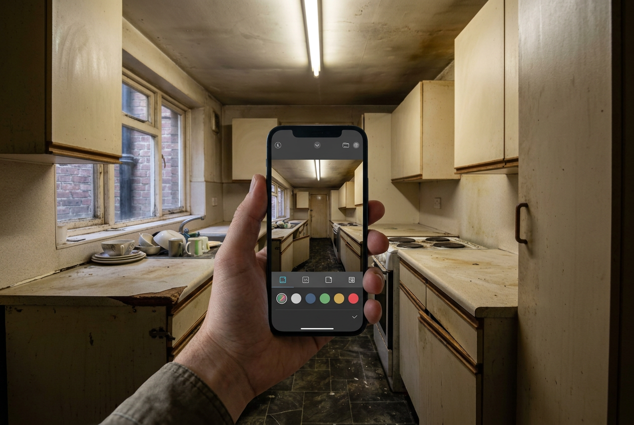 A phone photographing a dated galley kitchen before redesign