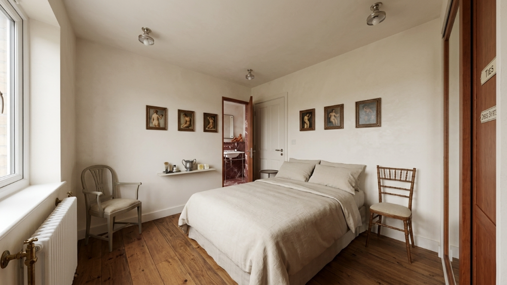 Warm curated bedroom with gallery wall