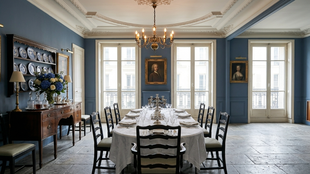 Stately Parisian dining room with deep blue walls