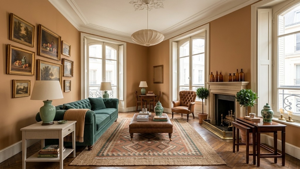 Warm collector's salon with teal sofa and gallery wall
