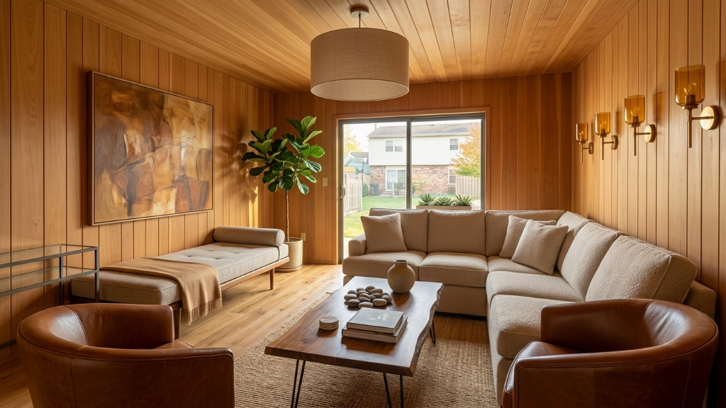Modern rustic living room with cedar paneling