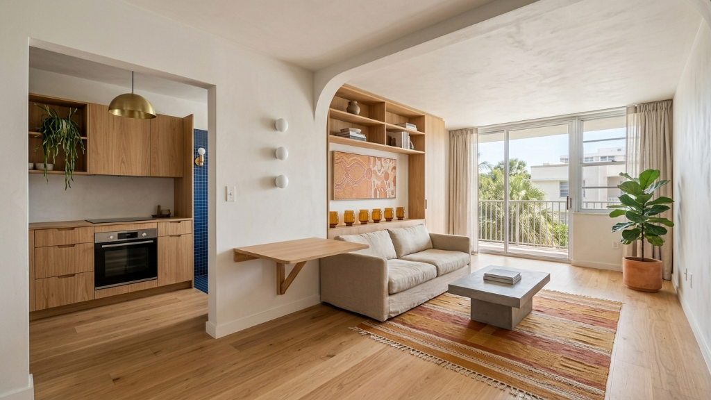 Sun-washed Mediterranean modern studio with arched plaster nook, oak kitchen, fold-down table, and striped rug