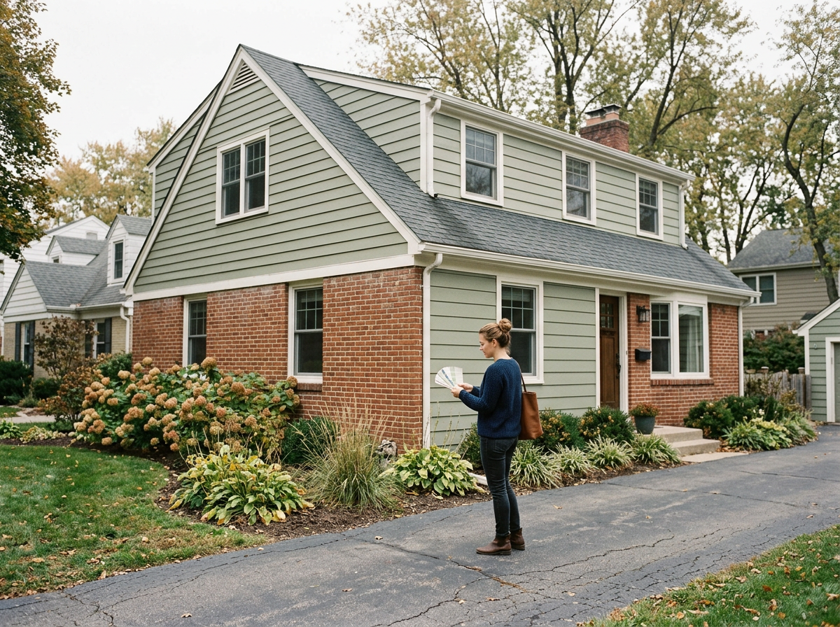 Siding design idea for: Would sage green siding look weird with my red brick?