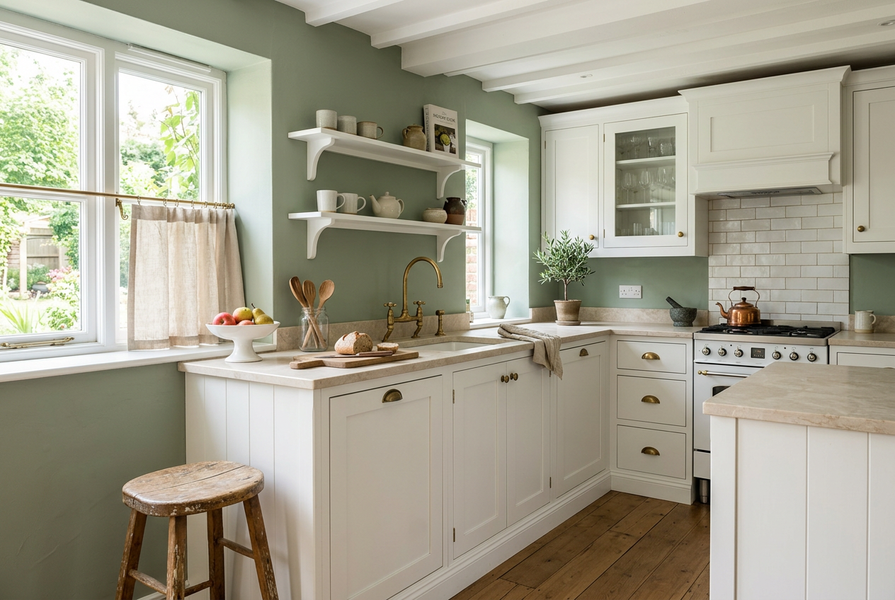 Kitchen Color Scheme: What about sage green kitchen walls with white cabinets?