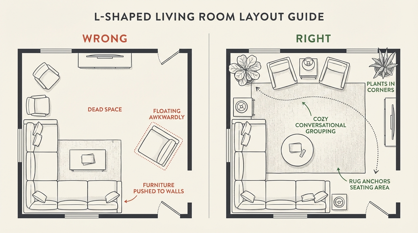 L-shaped living room layout guide showing wrong vs right furniture arrangement with labeled zones