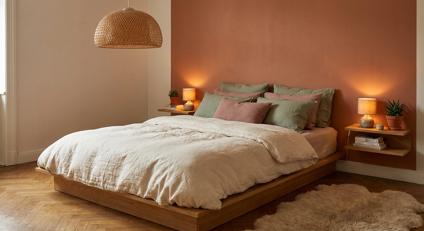 Small bedroom retreat with terracotta accent wall, platform bed, floating nightstands, and warm layered lighting