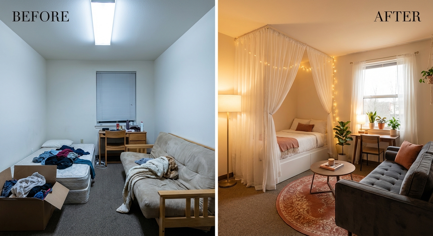 Before and after studio apartment redesign showing transformation from cluttered room to styled space with defined zones