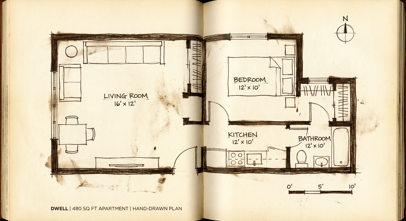 Hand-drawn 480 sq ft apartment floor plan showing living room, bedroom, kitchen, and bathroom layout