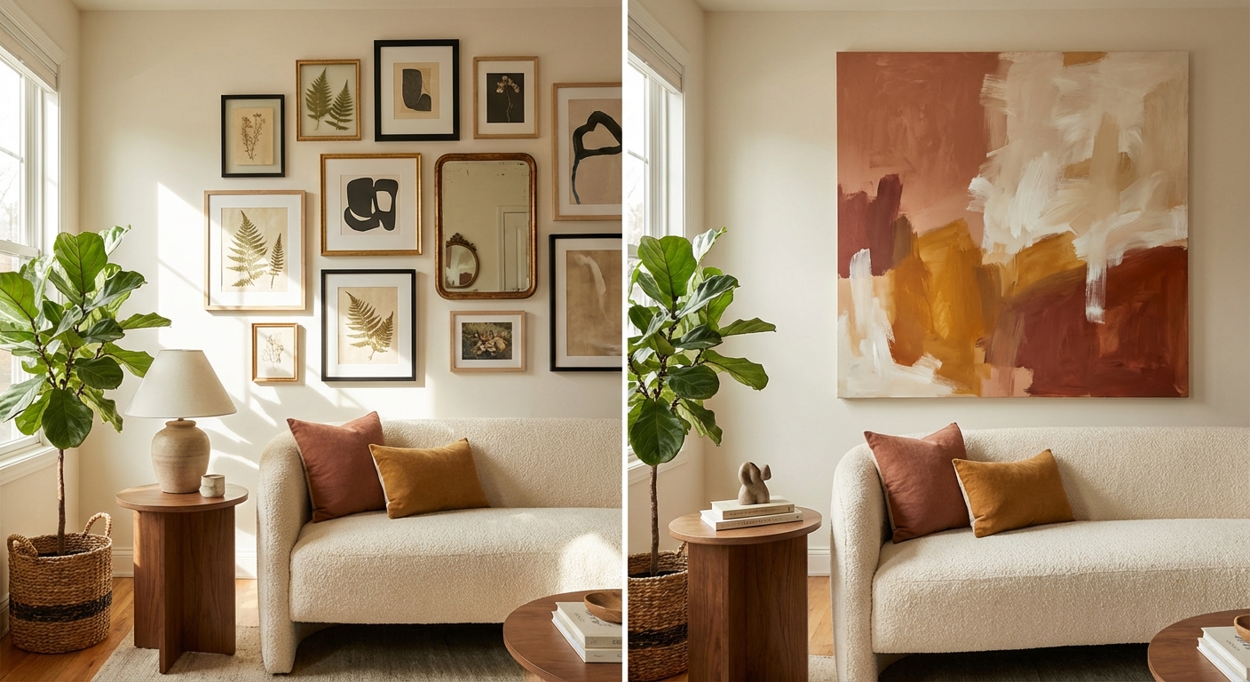 Side-by-side comparison of gallery wall with botanical prints versus single large abstract statement painting above a sofa
