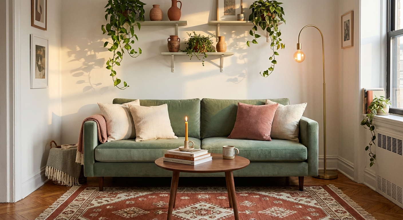 Cozy small apartment living room with green velvet sofa, layered textiles, and warm natural light