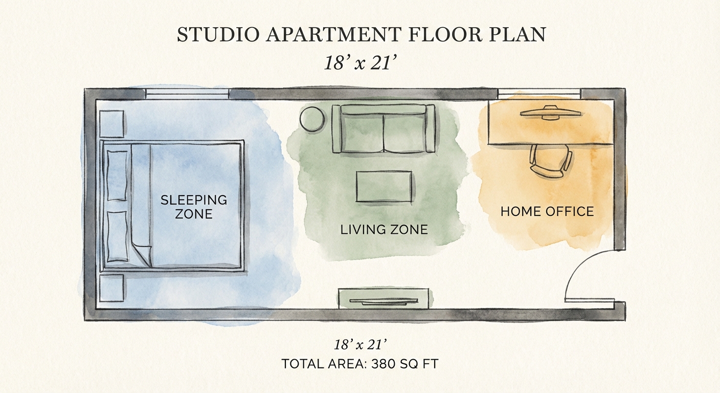 Studio apartment floor plan with color-coded sleeping, living, and home office zones in a 380 sq ft space