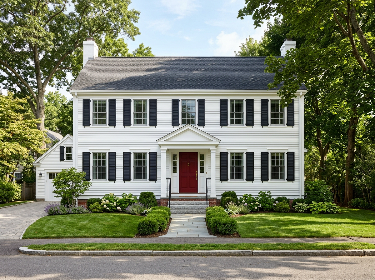 Exterior design idea for: What would my white house look like with a red door and black shutters?